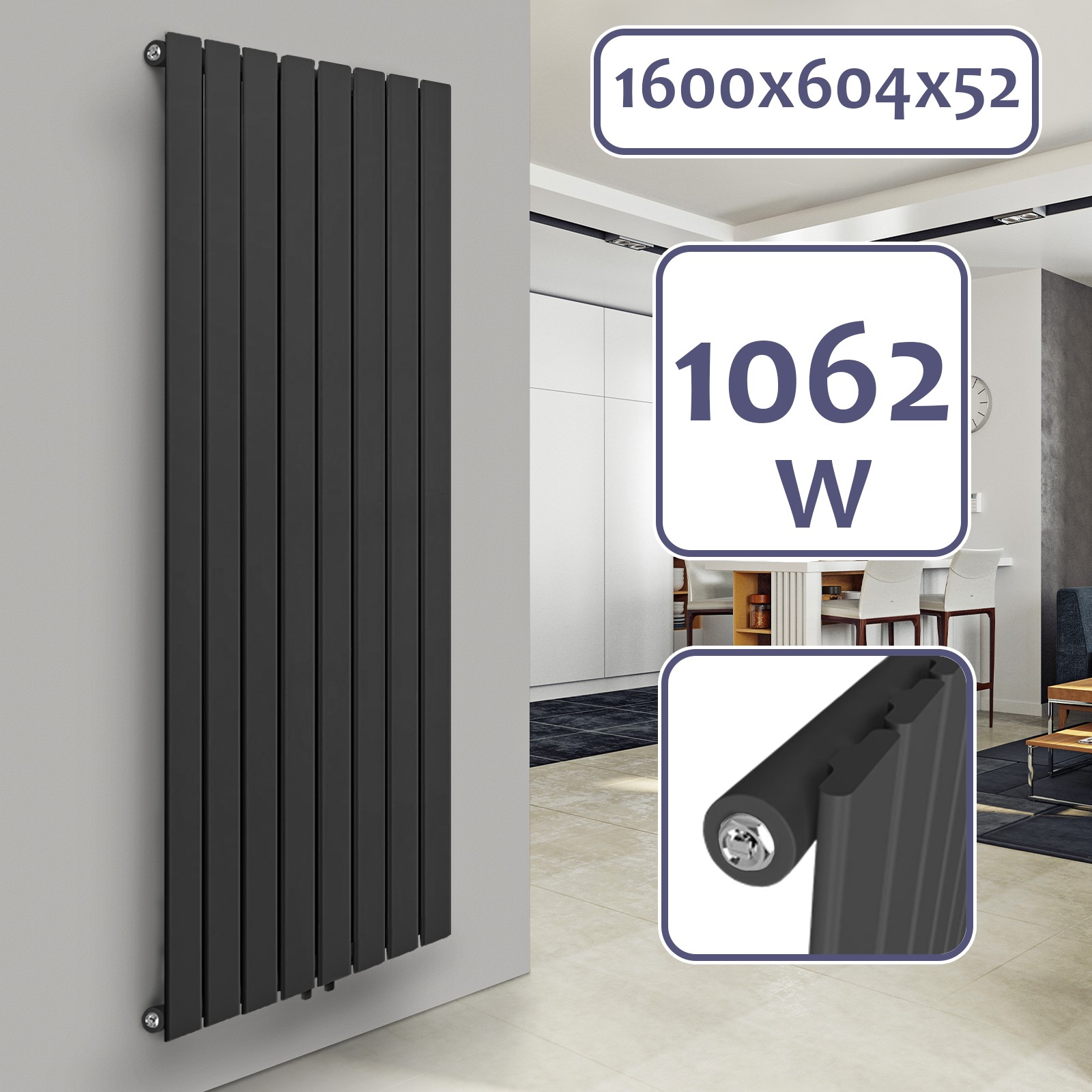 Paneļu radiators, vertikāls 1600x604x52, antracīta