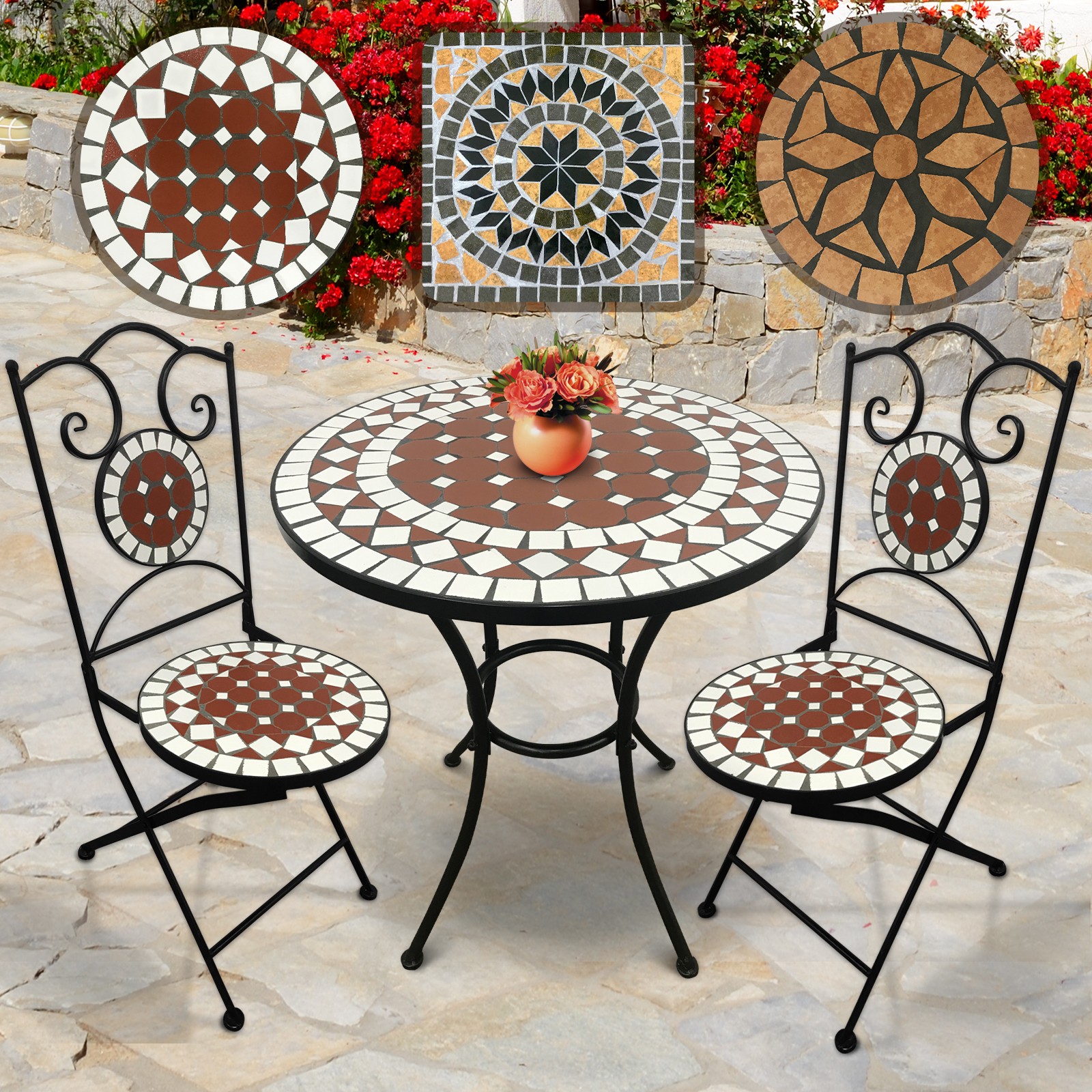 Mosaik Gartenmöbel Set (Tisch + 2 Stühle) Garten Balkon Sitzgarnitur
