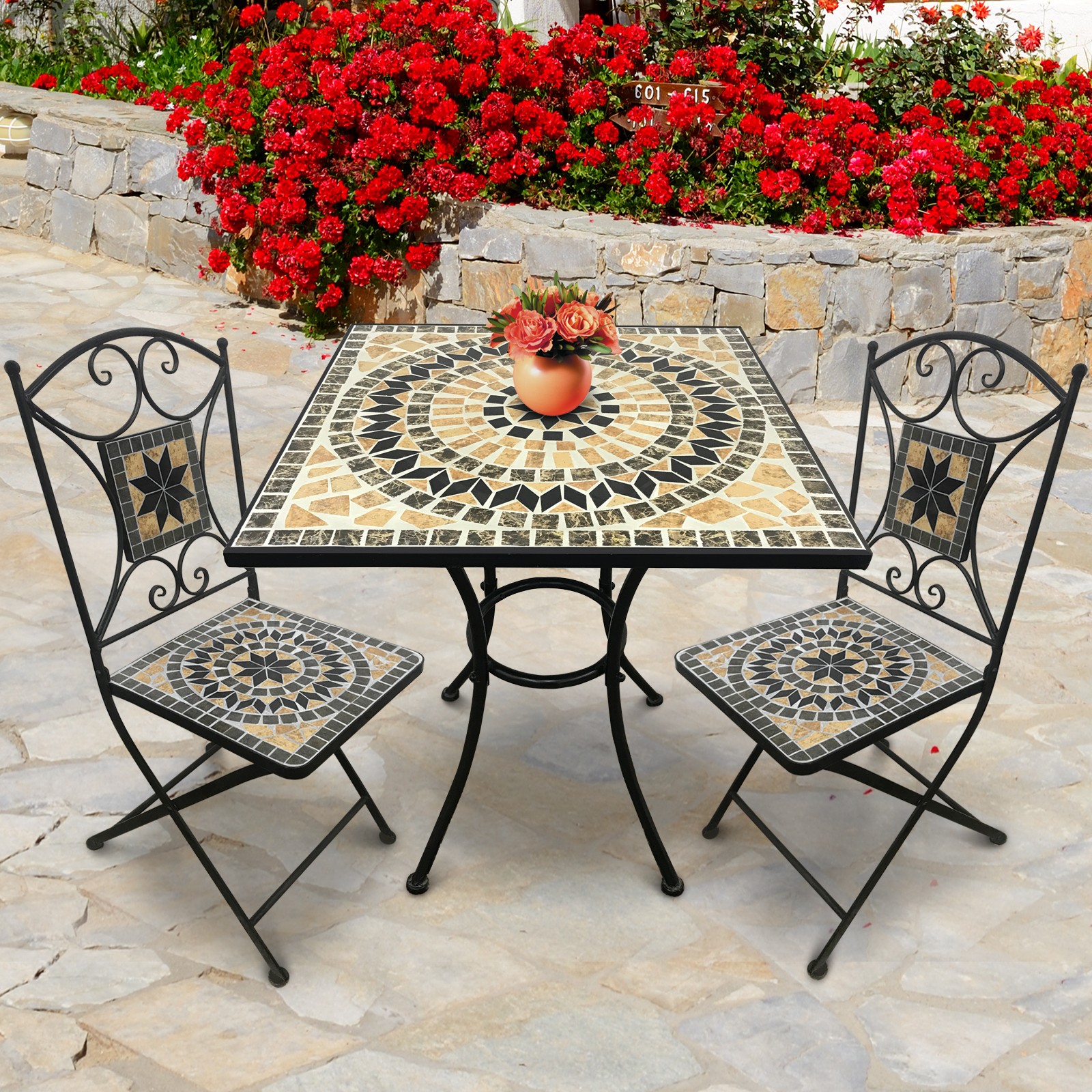Mosaik Gartenmöbel Set (Tisch + 2 Stühle) Garten Balkon Sitzgarnitur