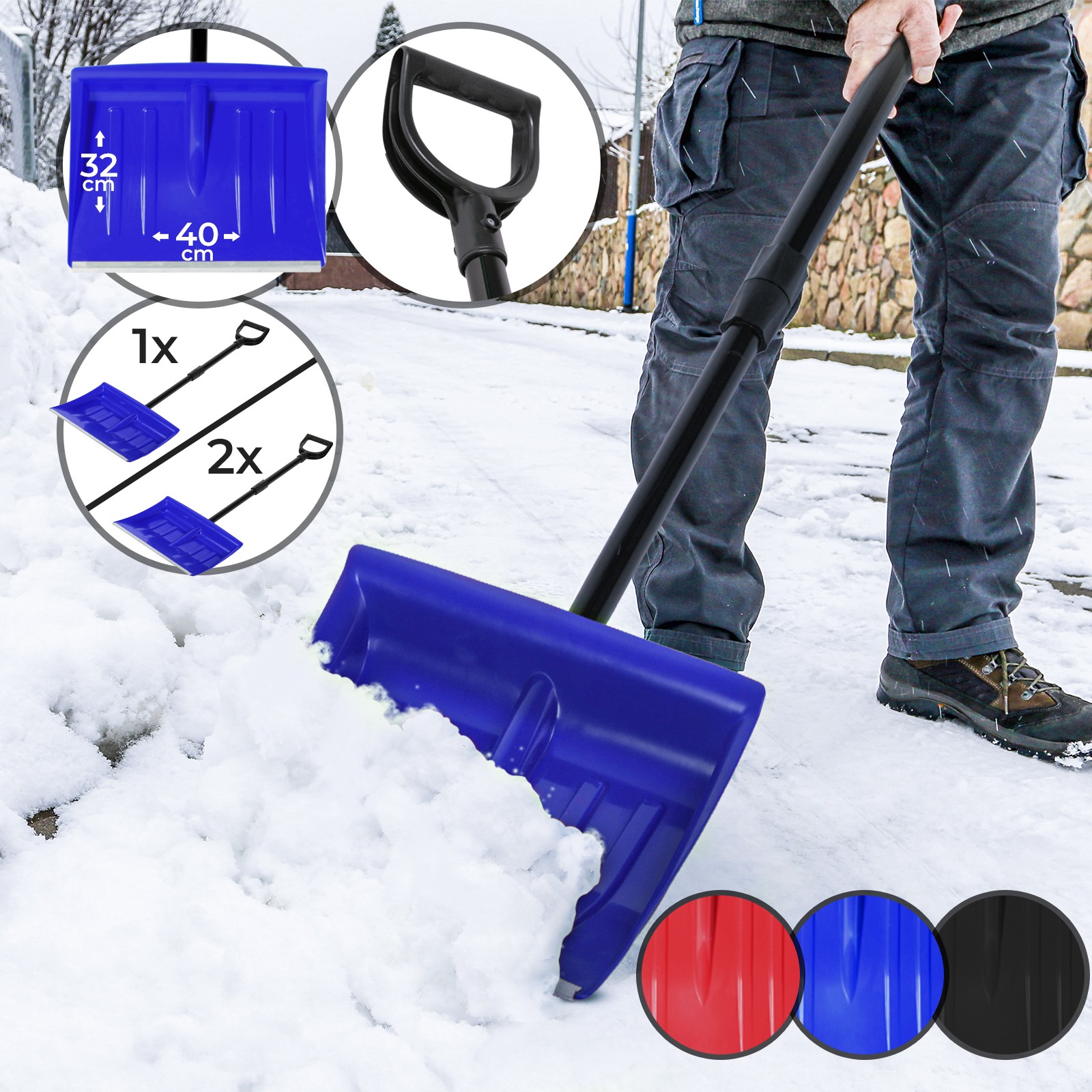 Spazzaneve Set e Colore a Scelta Pala da Neve 40 x 32 cm Lunghezza 120 cm con Bordo in Lega di Alluminio Paletta da Neve