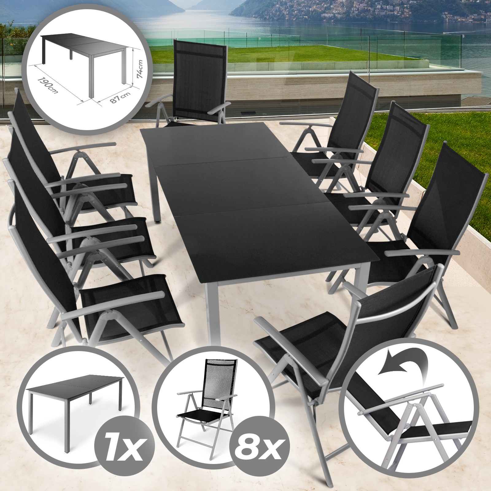 Sitzgruppe Gartenmöbel 8+1 Sitzgarnitur 190 x 87 cm Tisch mit