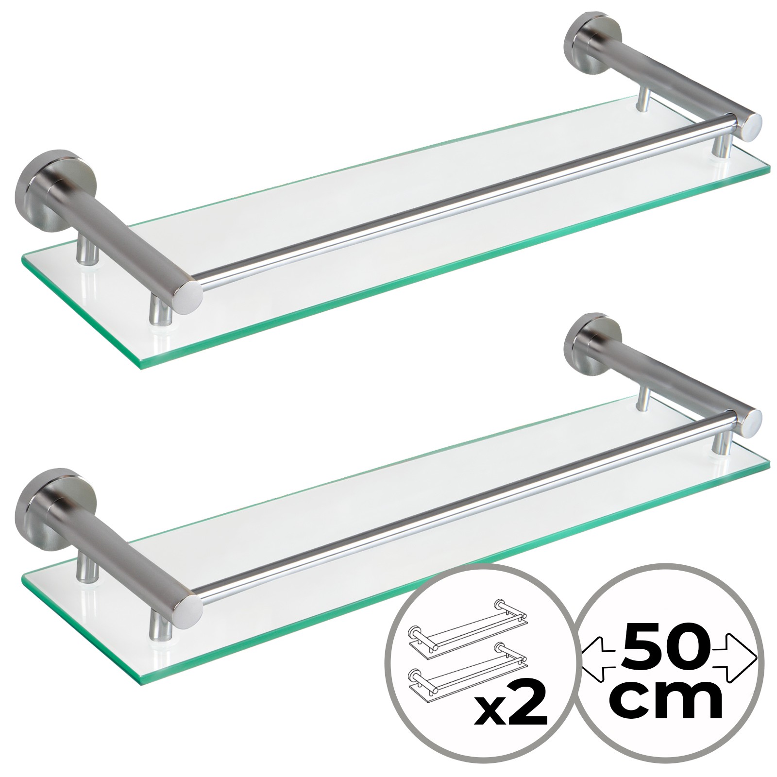 2 x Mensola di Vetro Temperato da Bagno con Barra di 2 x Mensola di Vetro Temperato da Bagno con Barra di